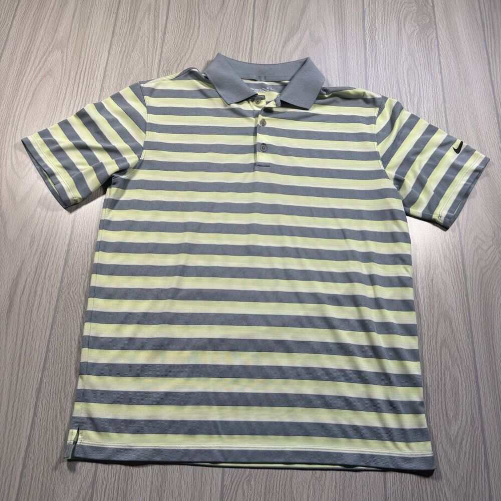 Nike Golf Tour Performance Polo Men’s M Green Gray Striped DriFit Stretch EUC